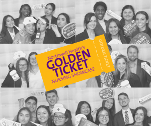 A collage of six black-and-white images of diverse people with a yellow ticket icon in the center reading Northwell Health's Golden Ticket Nursing Showcase
